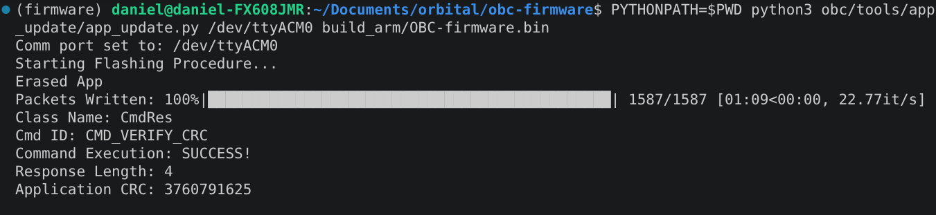Terminal output of app_update.py: Erased App, Packets Written 100% 1587/1587 in 1 minute 9 seconds, then CMD_VERIFY_CRC returning SUCCESS with the application CRC.